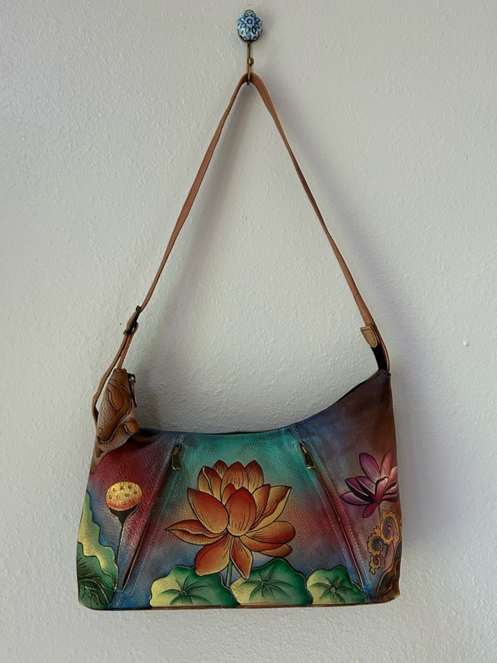 Anuschka Hand-Painted Lotus Floral Wave Leather Purse W/ Metallics; Many Pockets